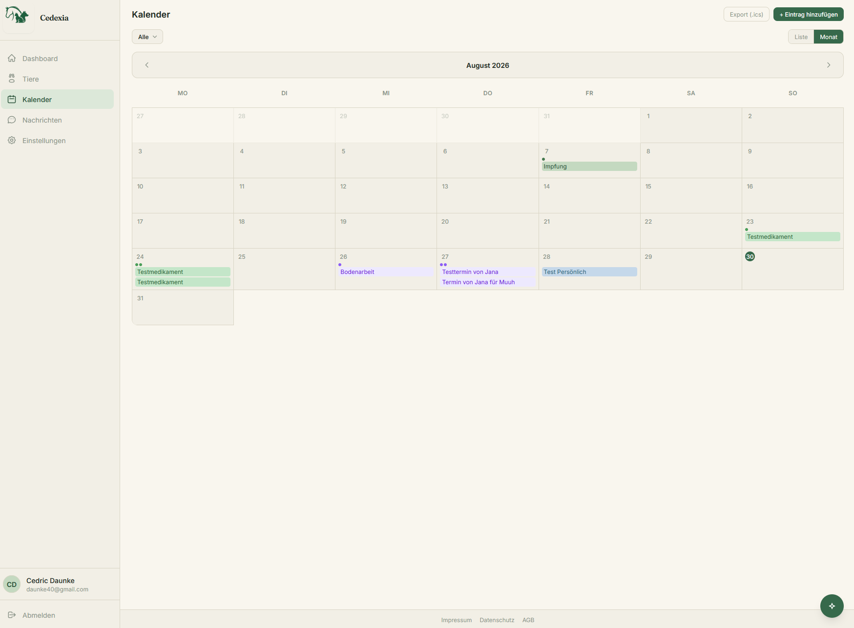 Cedexia Kalender mit Tierarztterminen