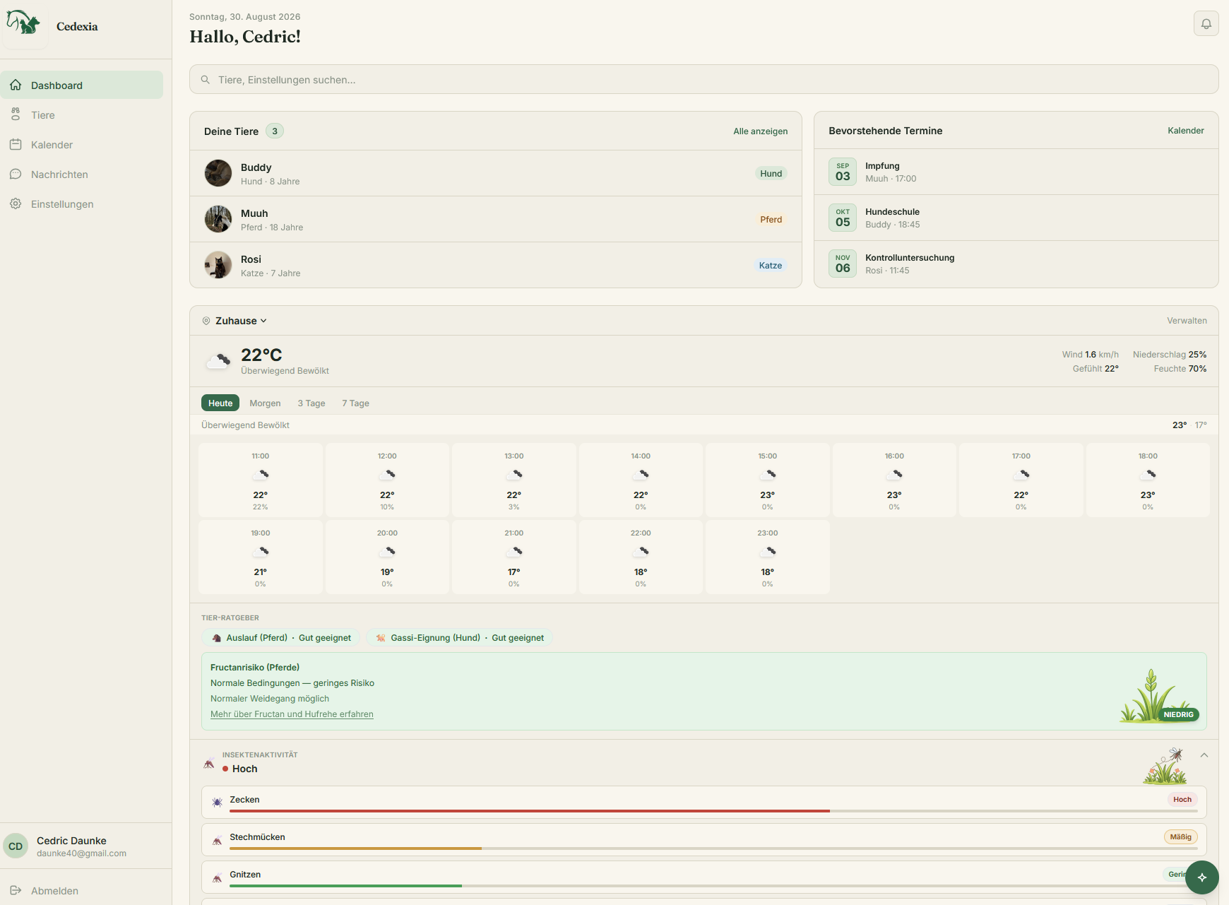 Cedexia Dashboard mit Tieren, Wetter und Terminen